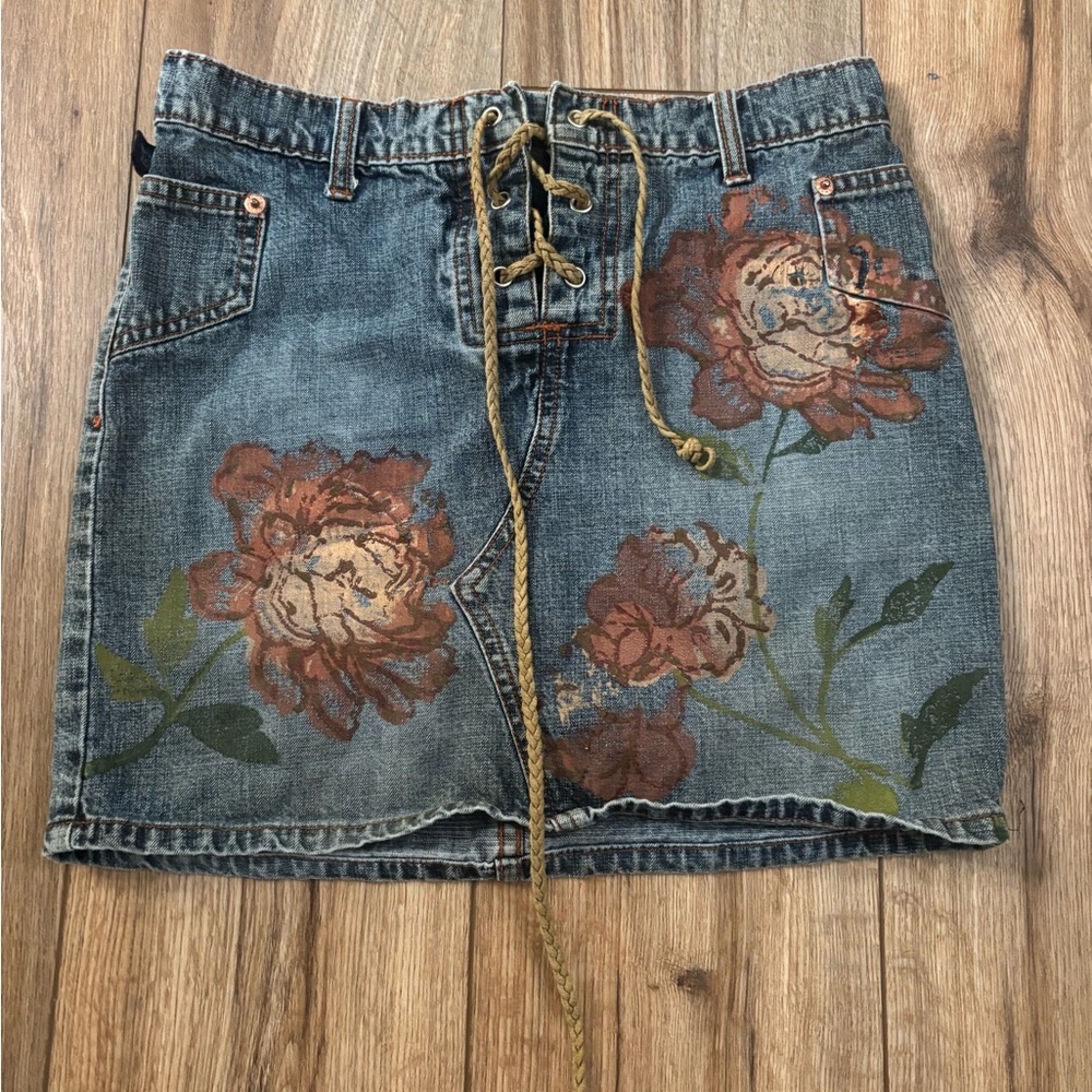 Vintage Y2K Lace Up Suede Denim Mini Skirt with Painted Roses by Tyte Jeans